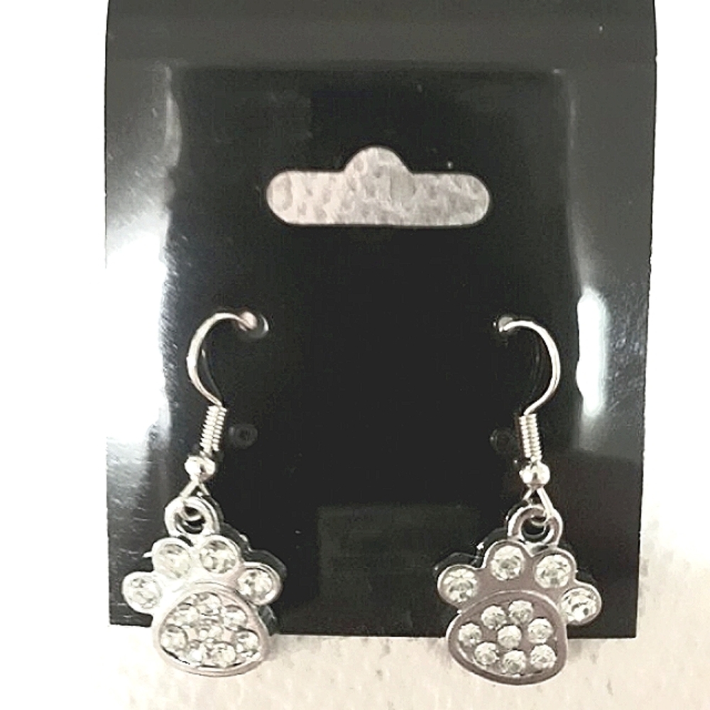 Crystal Paw Print Dangle Earrings Cat Dog Rhinestones Silver Pierced NEW
